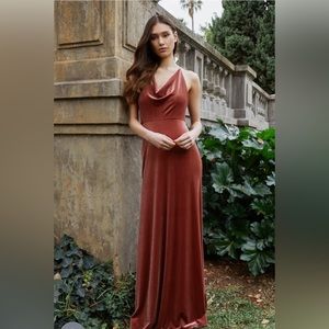Sullivan velvet bridesmaid dress. Brand is Jenny Yoo. Color is English Rose